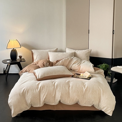 91家纺网 家纺一手货源 找家纺 ab家纺 2024新款全棉三层纱提花四件套系列-玫瑰 玫瑰咖