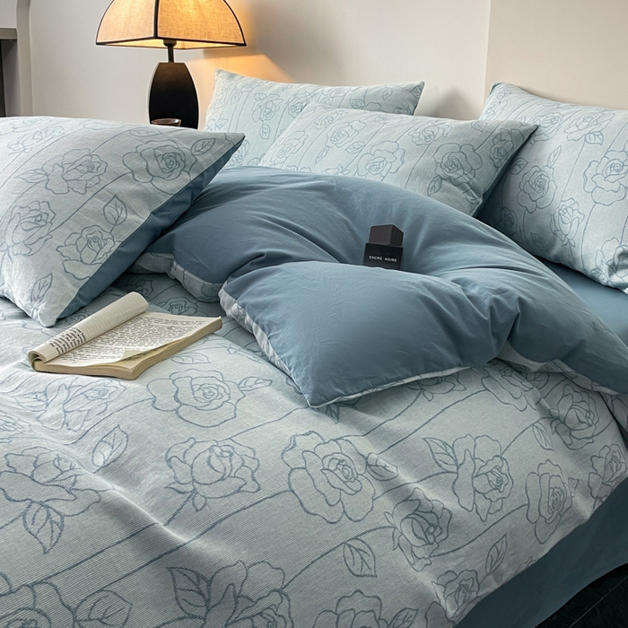 91家纺网 家纺一手货源 找家纺 ab家纺 2024新款全棉三层纱提花四件套系列-玫瑰 玫瑰蓝