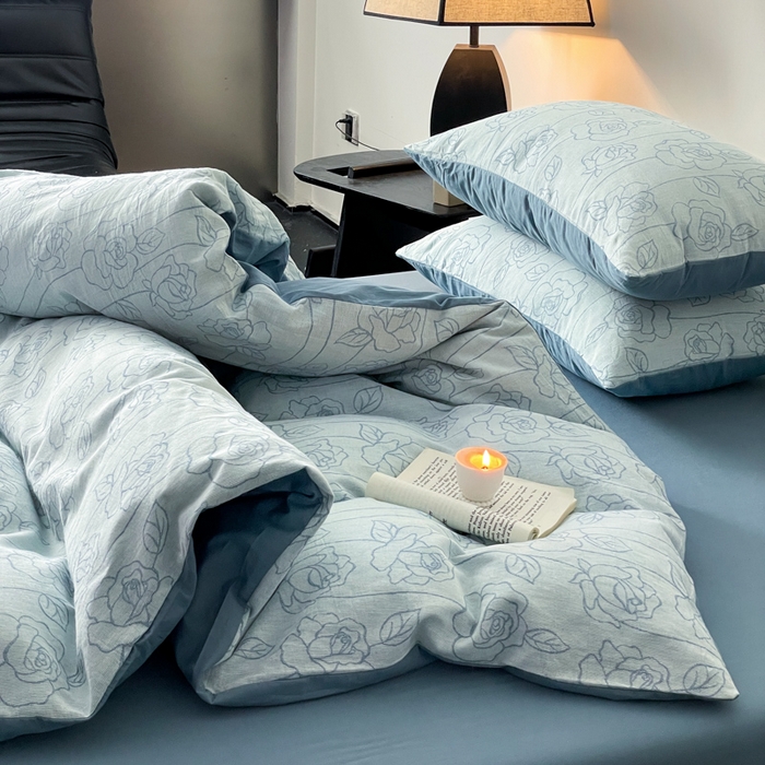 91家纺网 家纺一手货源 找家纺 ab家纺 2024新款全棉三层纱提花四件套系列-玫瑰 玫瑰蓝