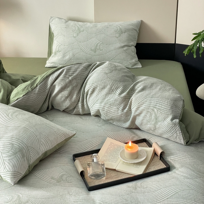 91家纺网 家纺一手货源 找家纺 ab家纺 2024新款全棉三层纱提花四件套系列-浪花 浪花绿