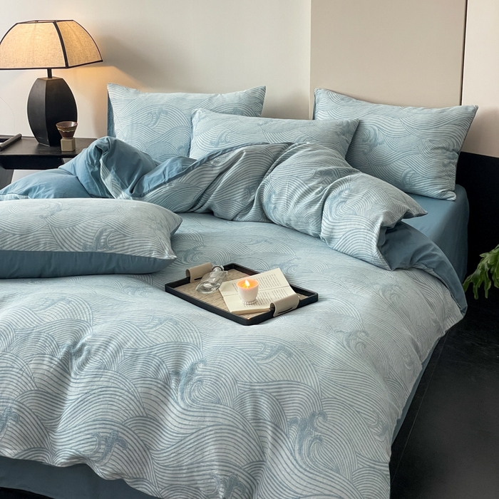 91家纺网 家纺一手货源 找家纺 ab家纺 2024新款全棉三层纱提花四件套系列-浪花 浪花-蓝