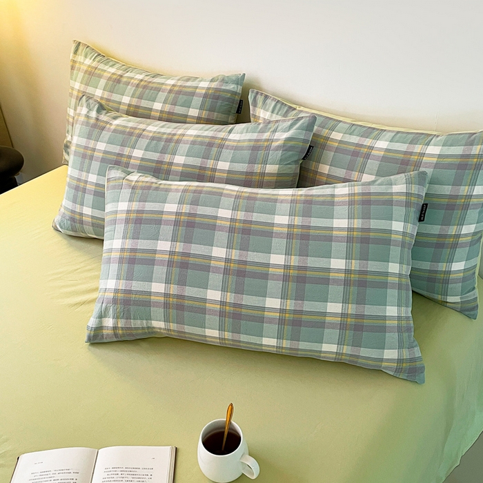 91家纺网 家纺一手货源 找家纺 小懒猪 2024新款色织水洗棉格子款四件套 羽田绿