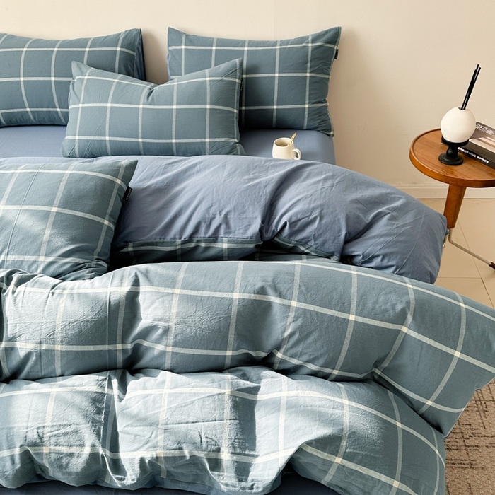 91家纺网 家纺一手货源 找家纺 小懒猪 2024新款色织水洗棉格子款四件套 糖果蓝大格