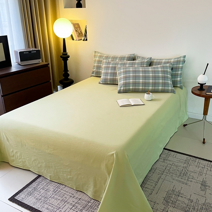 91家纺网 家纺一手货源 找家纺 小懒猪 2024新款色织水洗棉格子款四件套 羽田绿