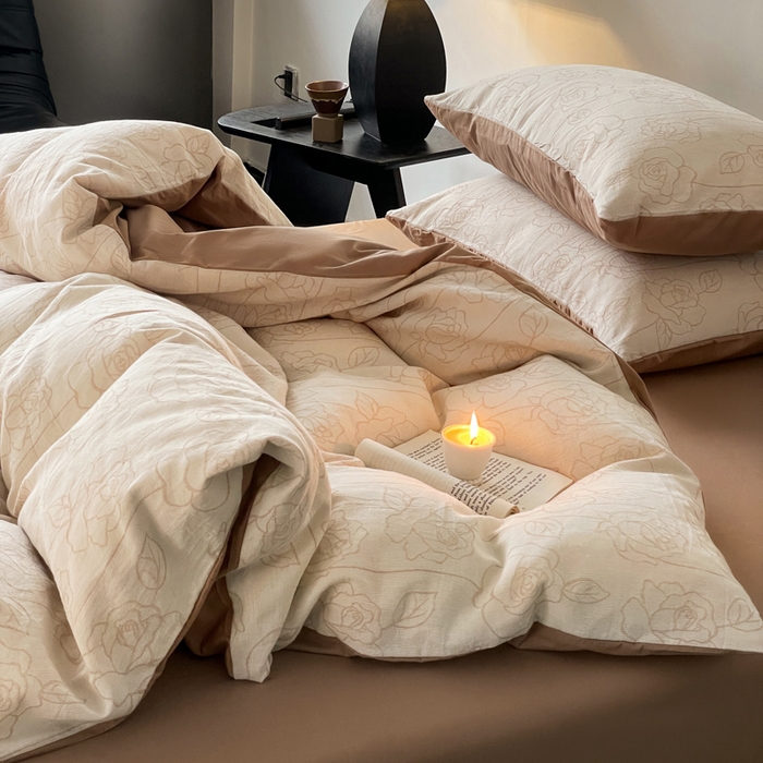 91家纺网 家纺一手货源 找家纺 ab家纺 2024新款全棉三层纱提花四件套系列-玫瑰 玫瑰咖