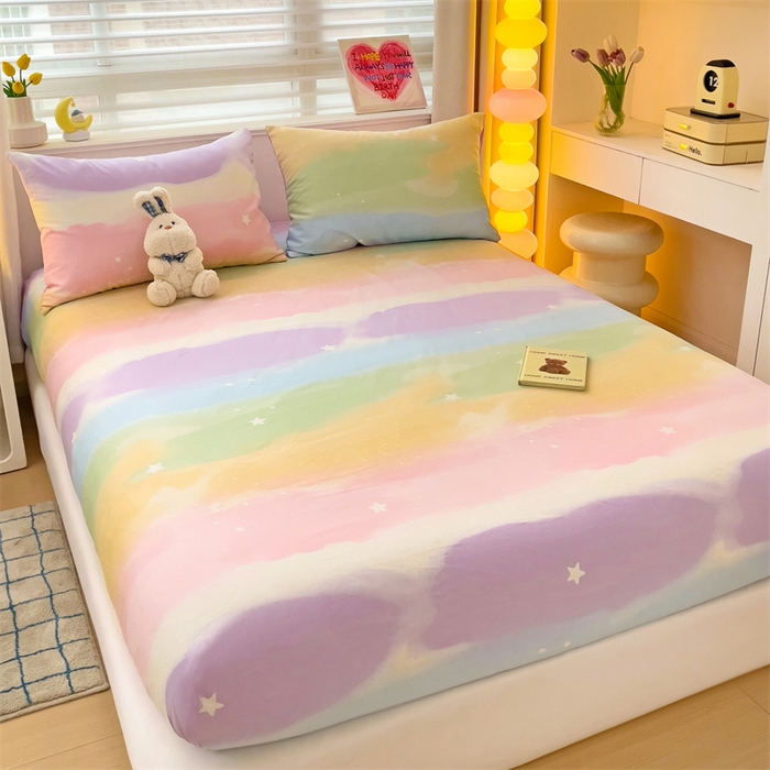 91家纺网 家纺一手货源 找家纺 名兮家居 2024新款全棉印花单床笠 彩色天空