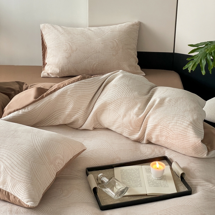 91家纺网 家纺一手货源 找家纺 ab家纺 2024新款全棉三层纱提花四件套系列-浪花 浪花咖