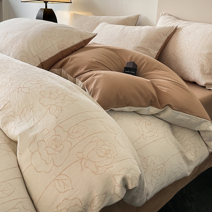 91家纺网 家纺一手货源 找家纺 ab家纺 2024新款全棉三层纱提花四件套系列-玫瑰 玫瑰咖