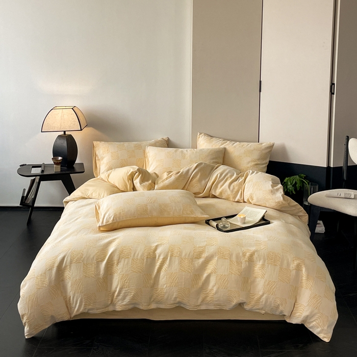 91家纺网 家纺一手货源 找家纺 ab家纺 2024新款全棉三层纱提花四件套系列-方格 方格杏