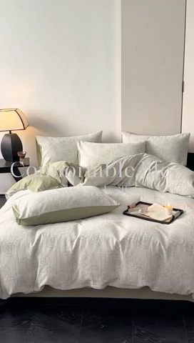 91家纺网 家纺一手货源 找家纺 ab家纺 2024新款全棉三层纱提花四件套系列-玫瑰 玫瑰绿