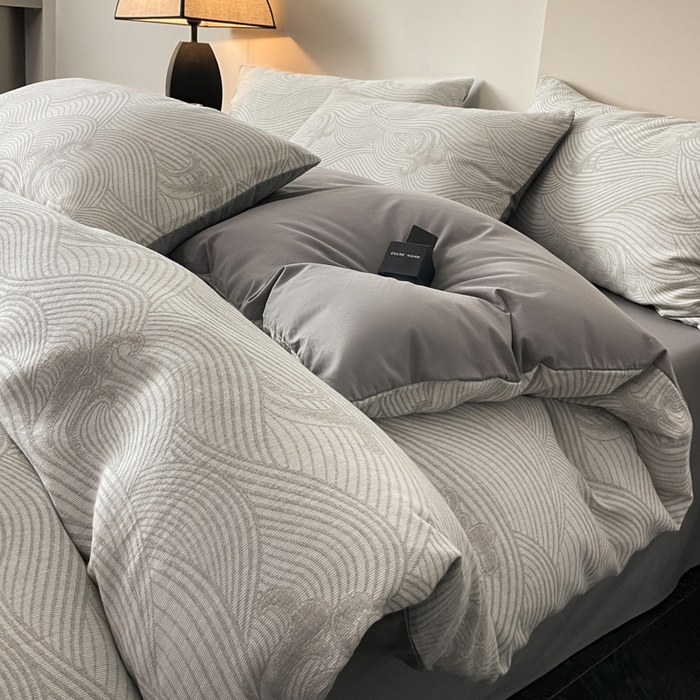 91家纺网 家纺一手货源 找家纺 ab家纺 2024新款全棉三层纱提花四件套系列-浪花 浪花灰