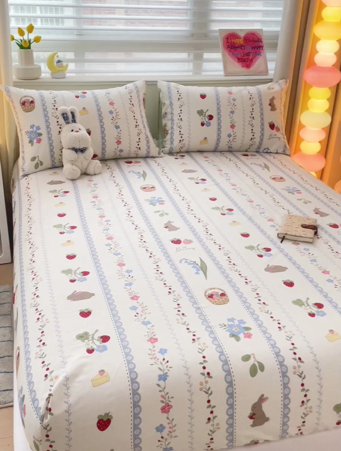 91家纺网 家纺一手货源 找家纺 名兮家居 2024新款全棉印花单床笠 草莓兔兔