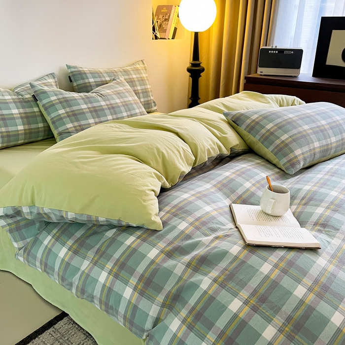 91家纺网 家纺一手货源 找家纺 小懒猪 2024新款色织水洗棉格子款四件套 羽田绿