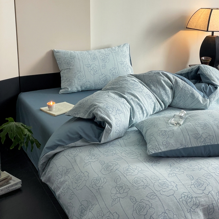 91家纺网 家纺一手货源 找家纺 ab家纺 2024新款全棉三层纱提花四件套系列-玫瑰 玫瑰蓝