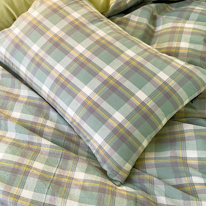 91家纺网 家纺一手货源 找家纺 小懒猪 2024新款色织水洗棉格子款四件套 羽田绿