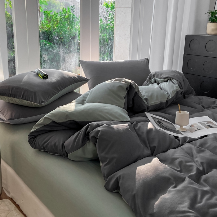 91家纺网 家纺一手货源 找家纺 安力森/诚臻酒店用品酒店用品 2025新款ins博主风水洗棉磨毛双拼四件套 深灰+抹茶