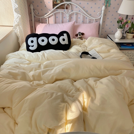 91家纺网 家纺一手货源 找家纺 （总）桃子家居 2024新款ins少女软糯奶油撞色色织水洗棉纯棉系列四件套