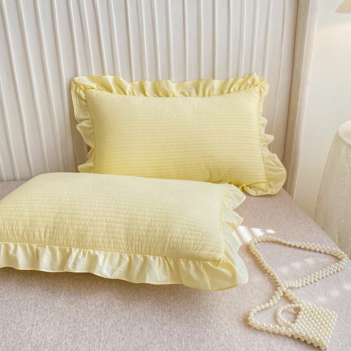 91家纺网 家纺一手货源 找家纺 大境 2024新款40S全棉水洗棉韩版荷叶边夹棉床盖三件套 奶油黄