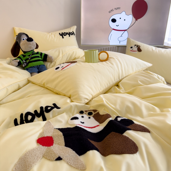 91家纺网 家纺一手货源 找家纺 曼谷家纺 新款毛巾绣四件套小狗图案柔软磨毛床上用品水洗棉套件 飞行员-芝士