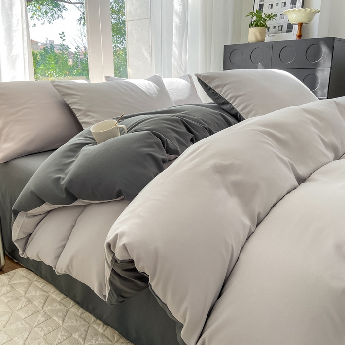 91家纺网 家纺一手货源 找家纺 安力森/诚臻酒店用品酒店用品 2025新款ins博主风水洗棉磨毛双拼四件套 灰白+中灰