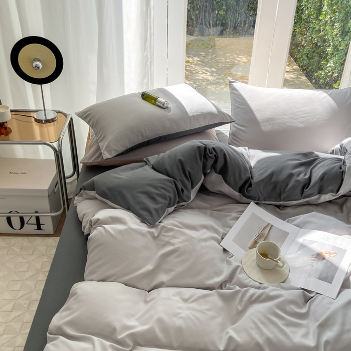 91家纺网 家纺一手货源 找家纺 安力森/诚臻酒店用品酒店用品 2025新款ins博主风水洗棉磨毛双拼四件套 灰白+中灰
