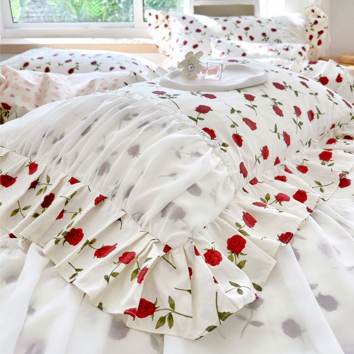 91家纺网 家纺一手货源 找家纺 亲亲公主 2025新款全棉蕾丝仙女款床裙四件套 玫瑰恋人