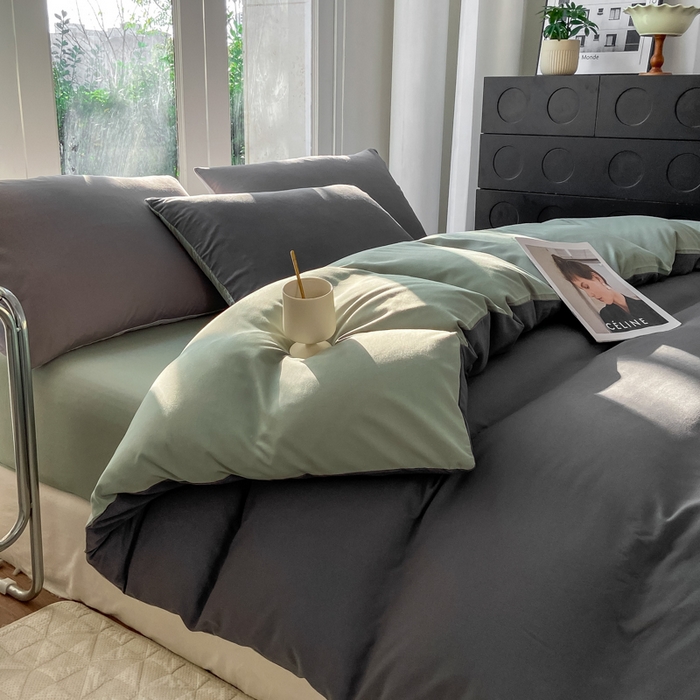 91家纺网 家纺一手货源 找家纺 安力森/诚臻酒店用品酒店用品 2025新款ins博主风水洗棉磨毛双拼四件套 深灰+抹茶