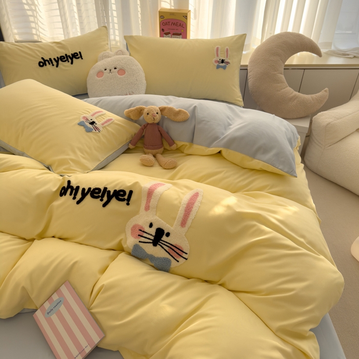 91家纺网 家纺一手货源 找家纺 曼谷家纺 新款毛巾绣四件套小狗图案柔软磨毛床上用品水洗棉套件 长耳兔-芝士蓝