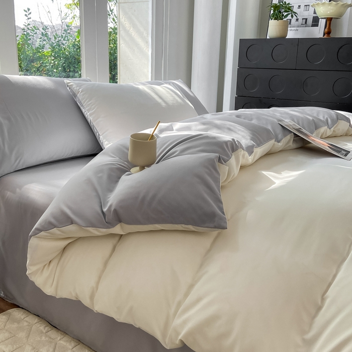 91家纺网 家纺一手货源 找家纺 安力森/诚臻酒店用品酒店用品 2025新款ins博主风水洗棉磨毛双拼四件套 普白+银灰