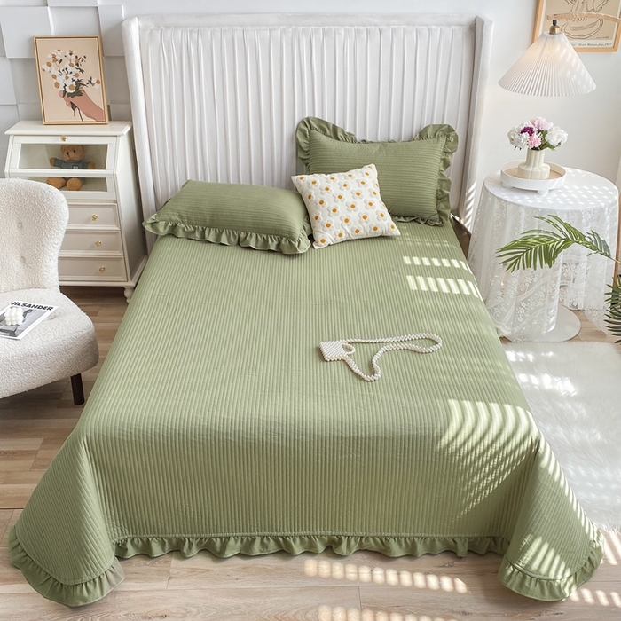 91家纺网 家纺一手货源 找家纺 大境 2024新款40S全棉水洗棉韩版荷叶边夹棉床盖三件套 抹茶绿