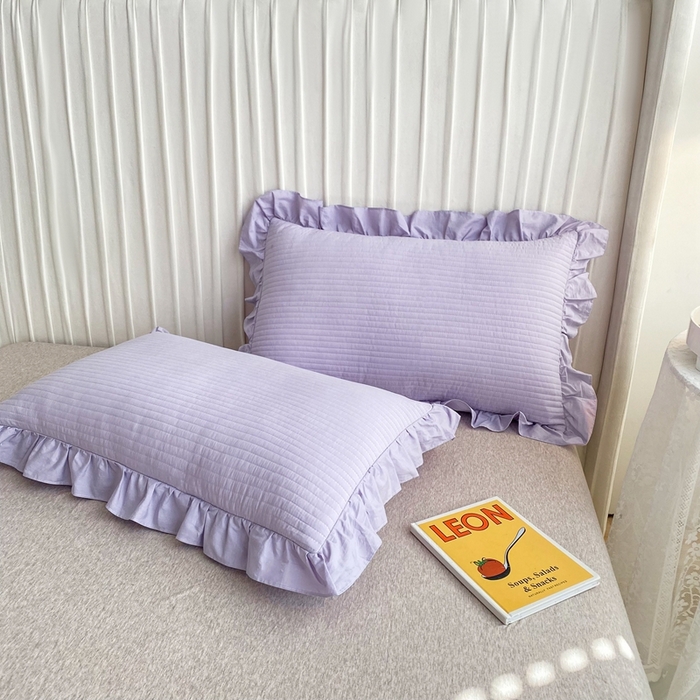 91家纺网 家纺一手货源 找家纺 大境 2024新款40S全棉水洗棉韩版荷叶边夹棉床盖三件套 千黛紫