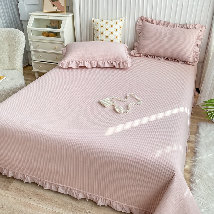 91家纺网 家纺一手货源 找家纺 大境 2024新款40S全棉水洗棉韩版荷叶边夹棉床盖三件套 浅豆沙