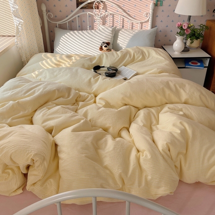 91家纺网 家纺一手货源 找家纺 （总）桃子家居 2024新款ins少女软糯奶油撞色色织水洗棉纯棉系列四件套