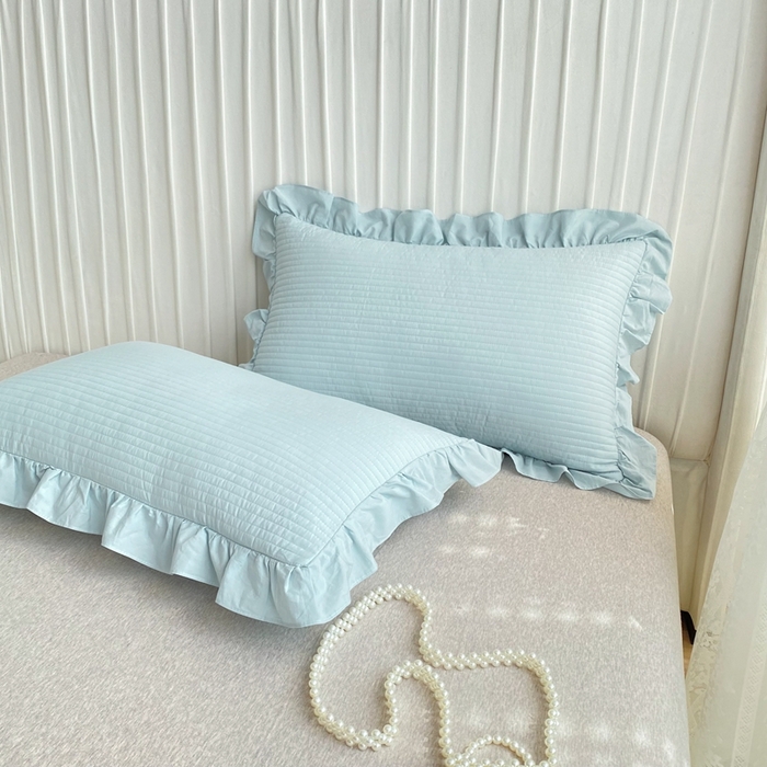 91家纺网 家纺一手货源 找家纺 大境 2024新款40S全棉水洗棉韩版荷叶边夹棉床盖三件套 海盐蓝