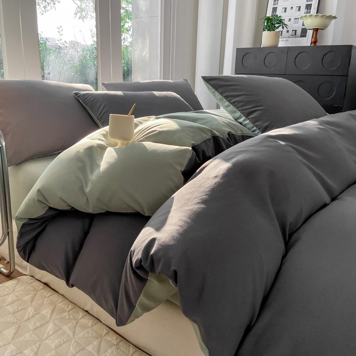 91家纺网 家纺一手货源 找家纺 安力森/诚臻酒店用品酒店用品 2025新款ins博主风水洗棉磨毛双拼四件套 深灰+抹茶