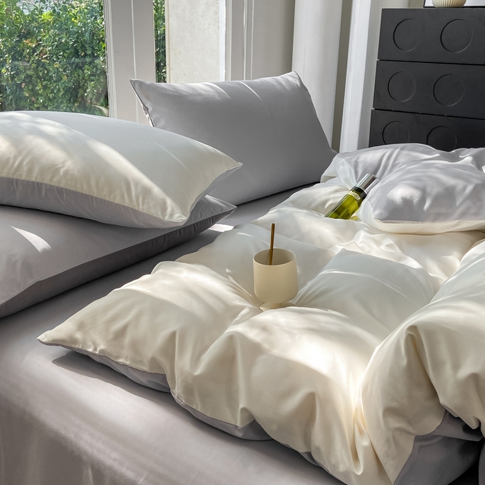 91家纺网 家纺一手货源 找家纺 安力森/诚臻酒店用品酒店用品 2025新款ins博主风水洗棉磨毛双拼四件套 普白+银灰