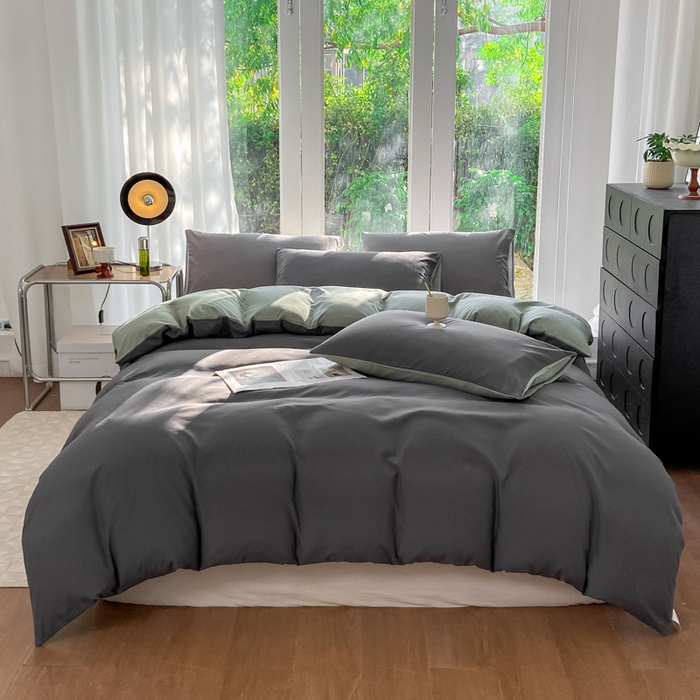 91家纺网 家纺一手货源 找家纺 安力森/诚臻酒店用品酒店用品 2025新款ins博主风水洗棉磨毛双拼四件套 深灰+抹茶