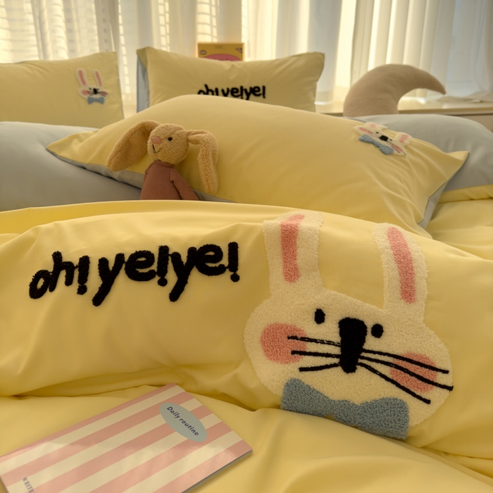 91家纺网 家纺一手货源 找家纺 曼谷家纺 新款毛巾绣四件套小狗图案柔软磨毛床上用品水洗棉套件 长耳兔-芝士蓝