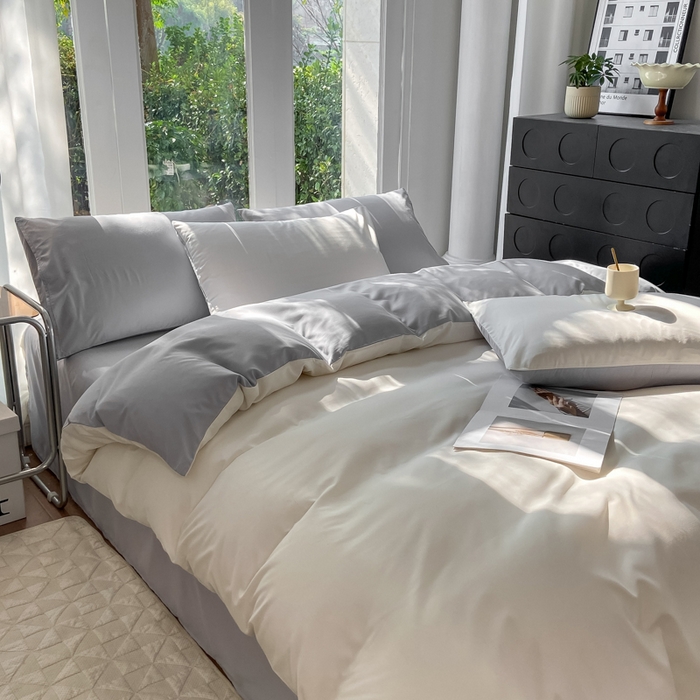 91家纺网 家纺一手货源 找家纺 安力森/诚臻酒店用品酒店用品 2025新款ins博主风水洗棉磨毛双拼四件套 普白+银灰