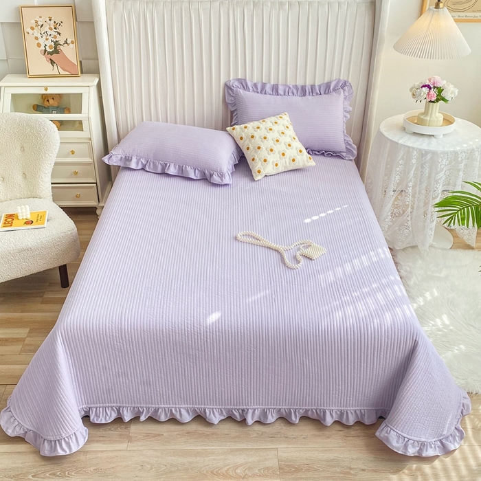 91家纺网 家纺一手货源 找家纺 大境 2024新款40S全棉水洗棉韩版荷叶边夹棉床盖三件套 千黛紫