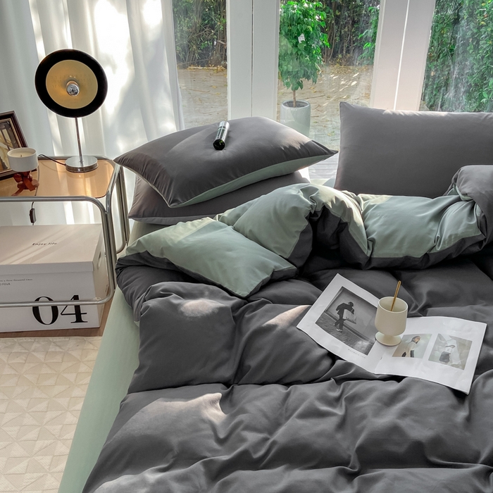 91家纺网 家纺一手货源 找家纺 安力森/诚臻酒店用品酒店用品 2025新款ins博主风水洗棉磨毛双拼四件套 深灰+抹茶