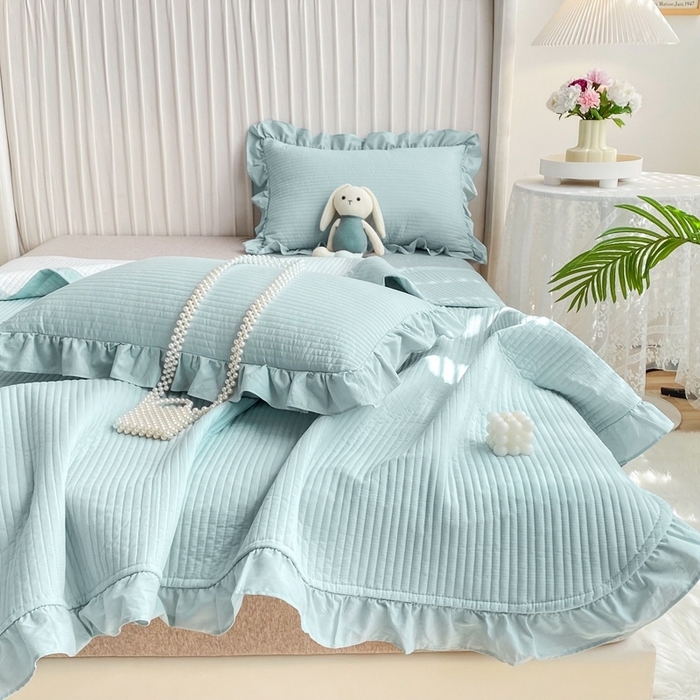 91家纺网 家纺一手货源 找家纺 （总）大境 2024新款40S全棉水洗棉韩版荷叶边夹棉床盖三件套