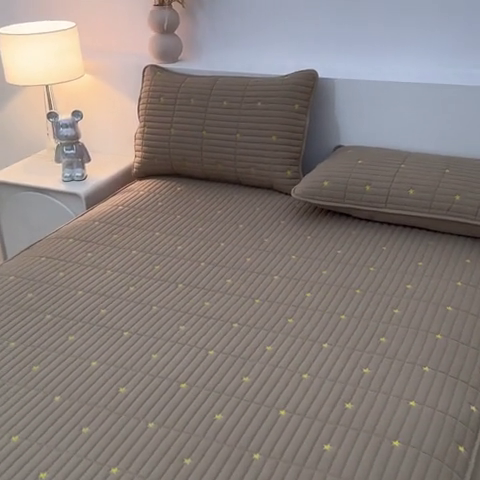 91家纺网 家纺一手货源 找家纺 丝涟家居 2025新款A类水洗亲肤棉刺绣防水防污床笠--星河 星河-卡其