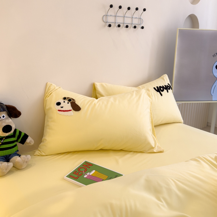 91家纺网 家纺一手货源 找家纺 曼谷家纺 新款毛巾绣四件套小狗图案柔软磨毛床上用品水洗棉套件 飞行员-芝士