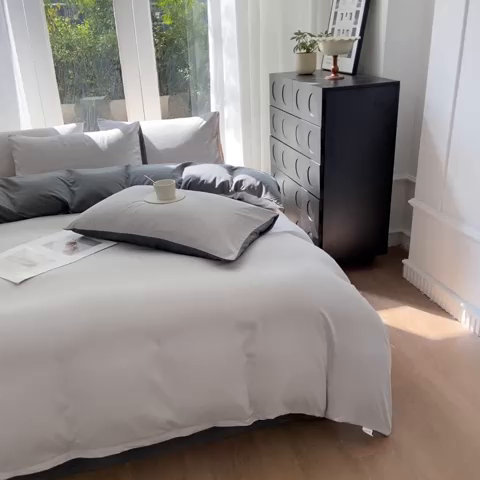 91家纺网 家纺一手货源 找家纺 安力森/诚臻酒店用品酒店用品 2025新款ins博主风水洗棉磨毛双拼四件套 灰白+中灰