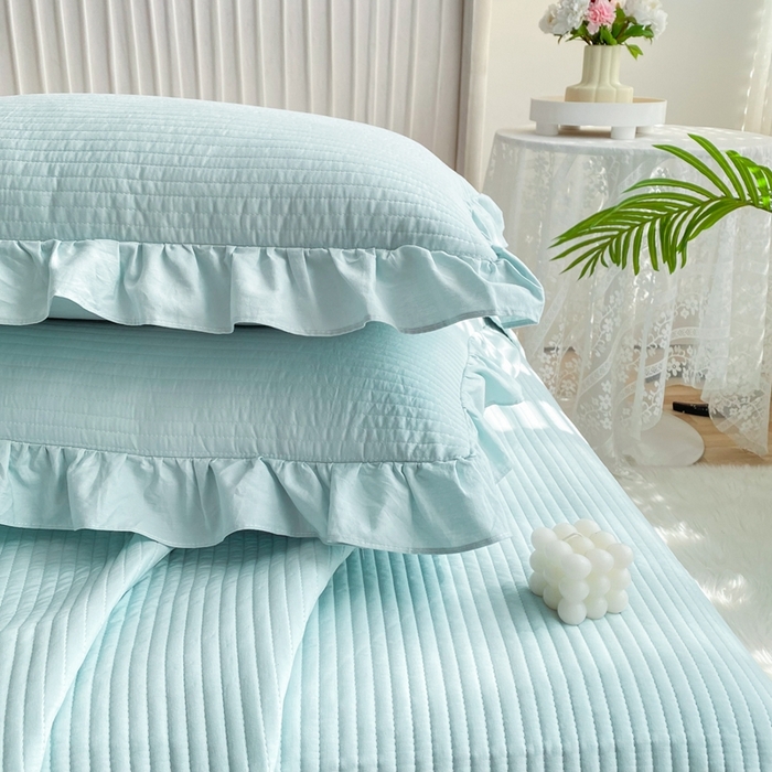 91家纺网 家纺一手货源 找家纺 大境 2024新款40S全棉水洗棉韩版荷叶边夹棉床盖三件套 海盐蓝