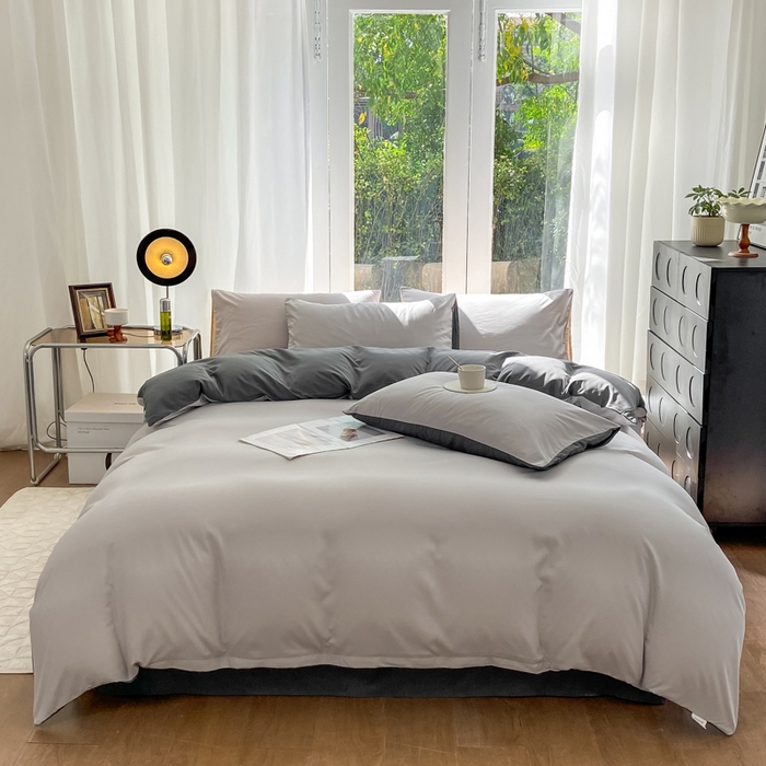 91家纺网 家纺一手货源 找家纺 安力森/诚臻酒店用品酒店用品 2025新款ins博主风水洗棉磨毛双拼四件套 灰白+中灰