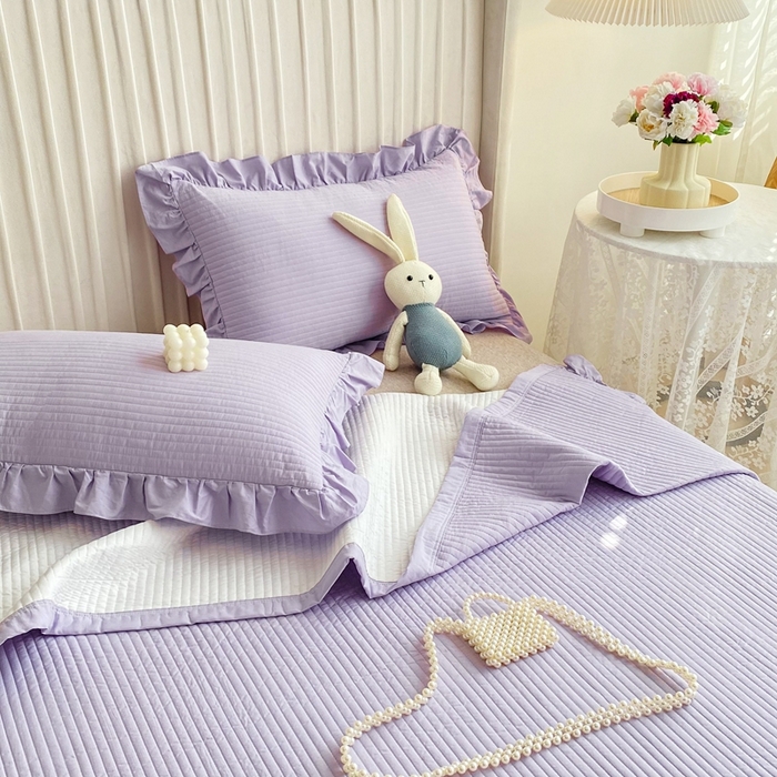 91家纺网 家纺一手货源 找家纺 大境 2024新款40S全棉水洗棉韩版荷叶边夹棉床盖三件套 千黛紫