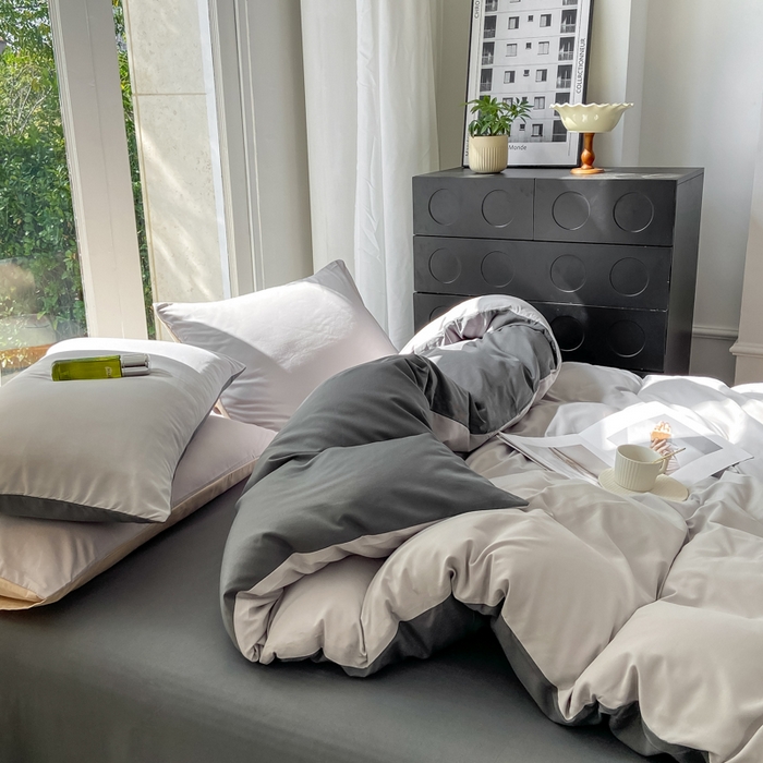 91家纺网 家纺一手货源 找家纺 安力森/诚臻酒店用品酒店用品 2025新款ins博主风水洗棉磨毛双拼四件套 灰白+中灰