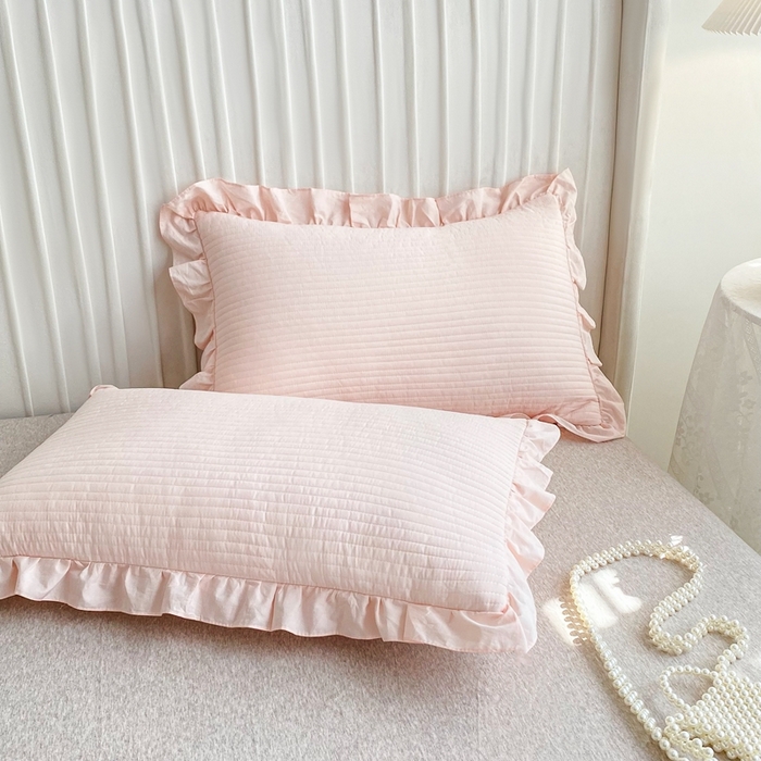 91家纺网 家纺一手货源 找家纺 大境 2024新款40S全棉水洗棉韩版荷叶边夹棉床盖三件套 悠悠粉